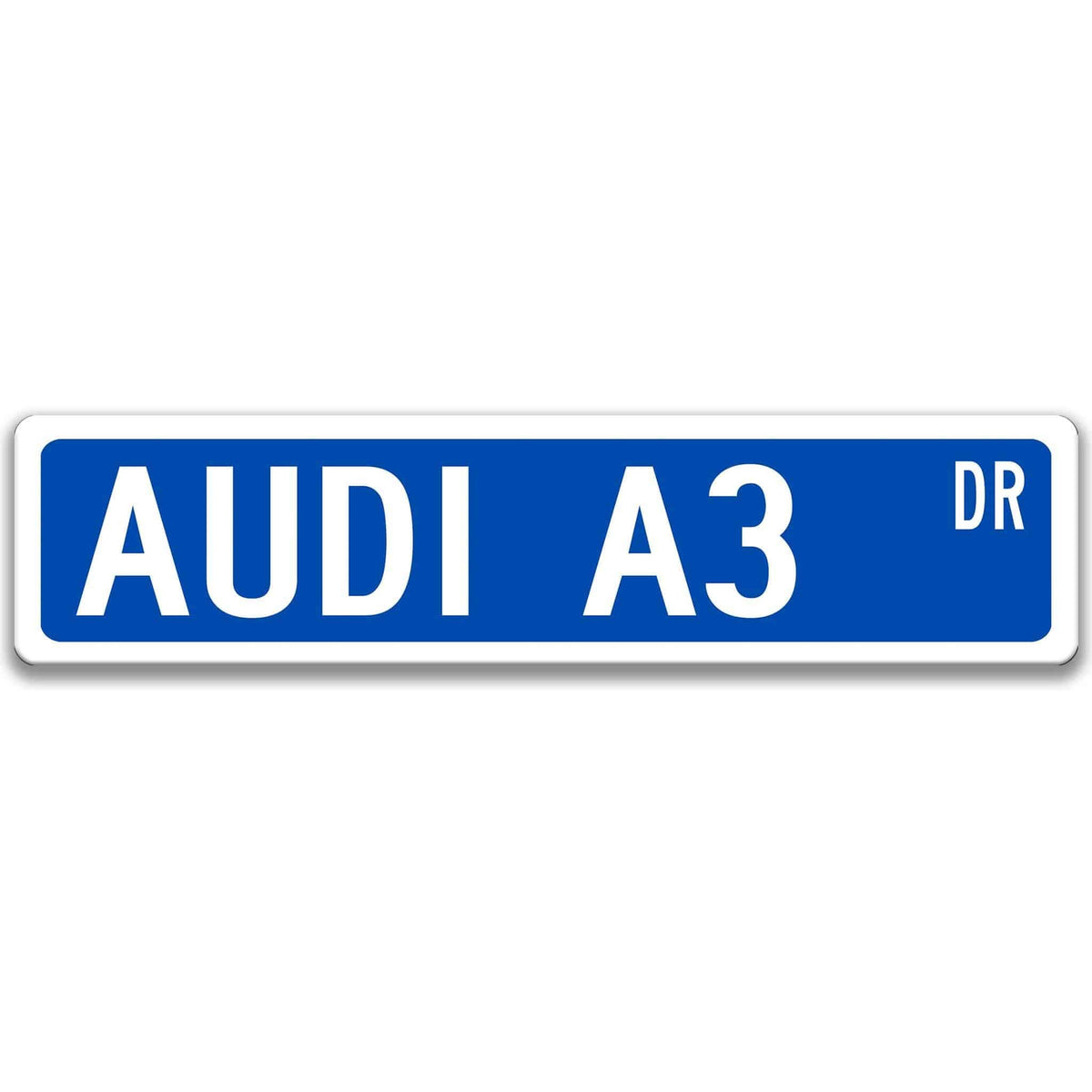 Blue Audi A3 DR aluminum street sign with white lettering
