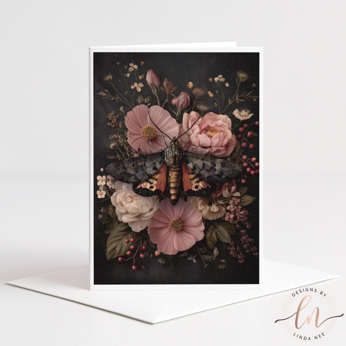 A card featuring a close-up of a butterfly resting on a floral arrangement, with various pink and white flowers surrounding it.