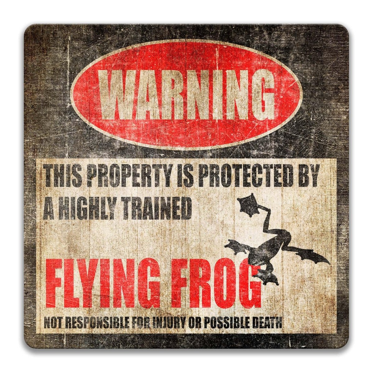 Flying frog warning metal sign, glossy black, red WARNING oval and gliding flying frog silhouette