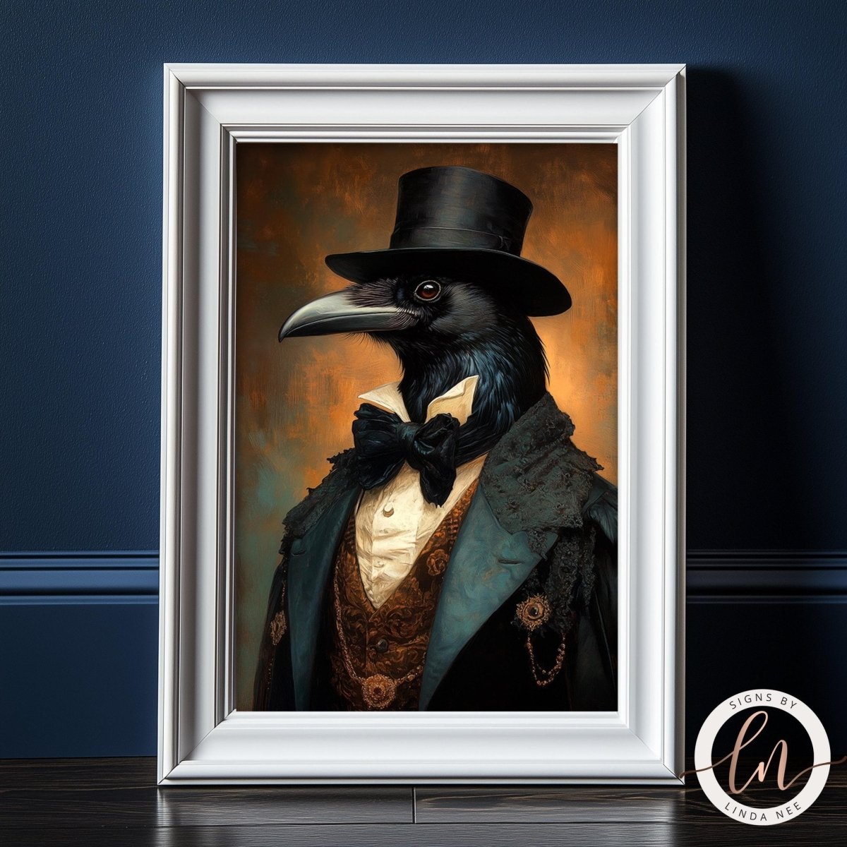 Black raven wearing a formal top hat and coat, Edwardian style