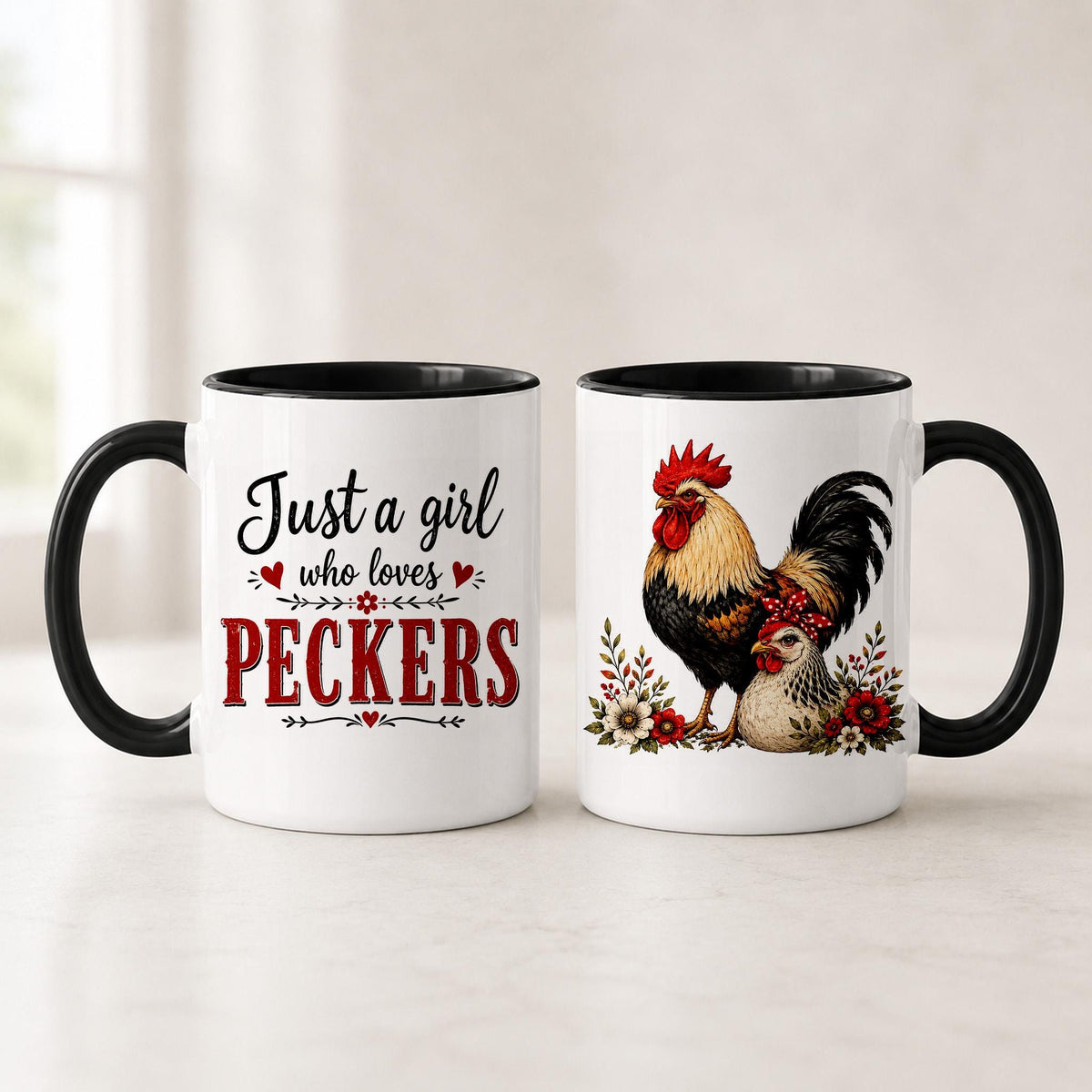 Black handle rooster coffee mug shown both sides, with a black interior, the farmhouse quote and the chicken art