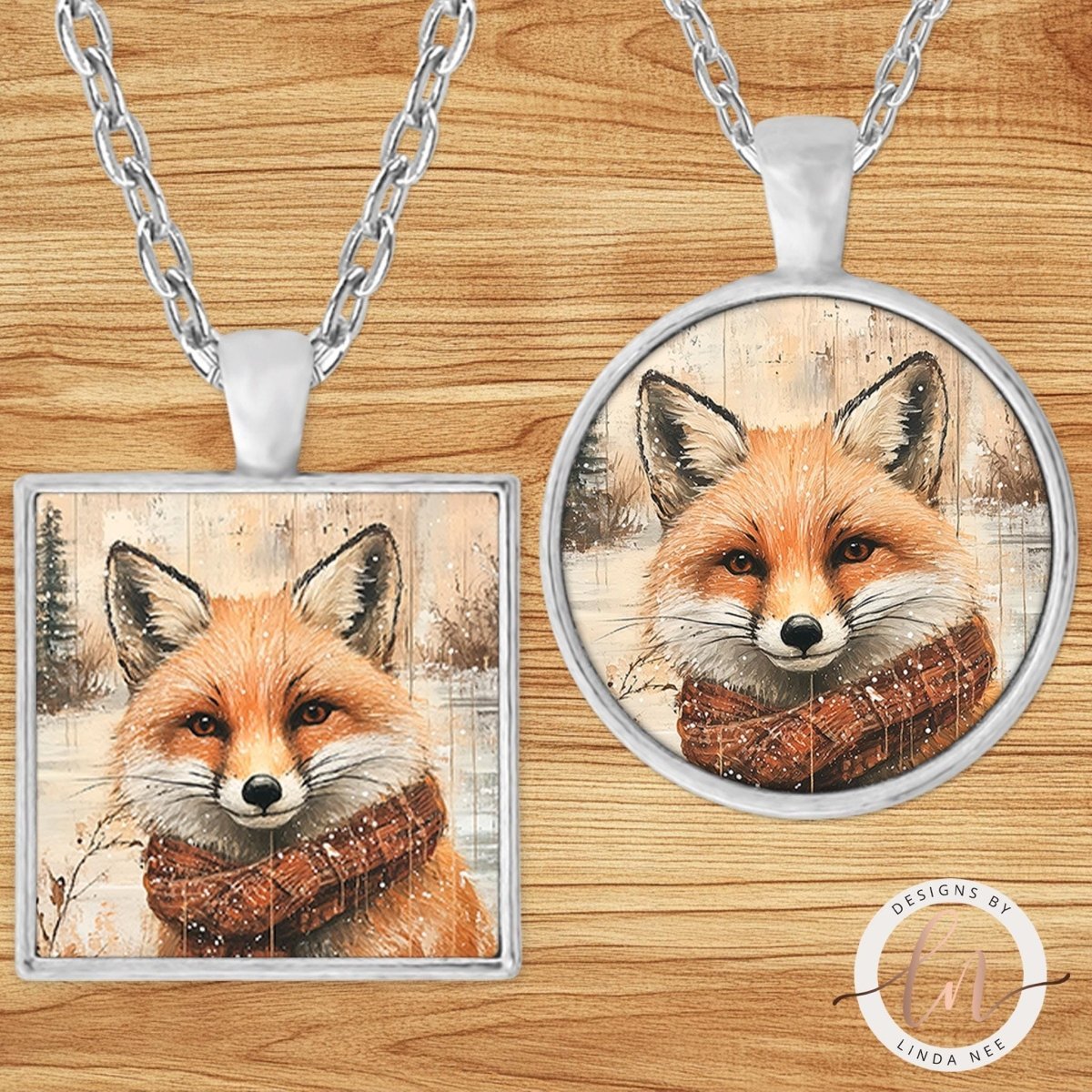 Winter Fox in Plaid Scarf Pendant Necklace