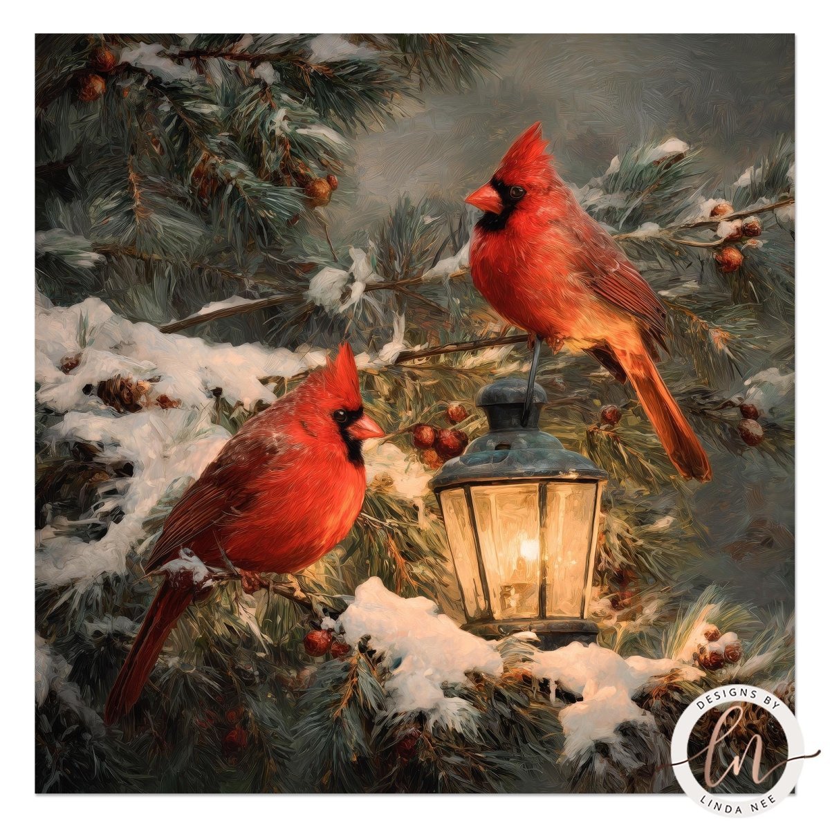 Two red cardinals perched on snowy evergreen branches beside a glowing lantern