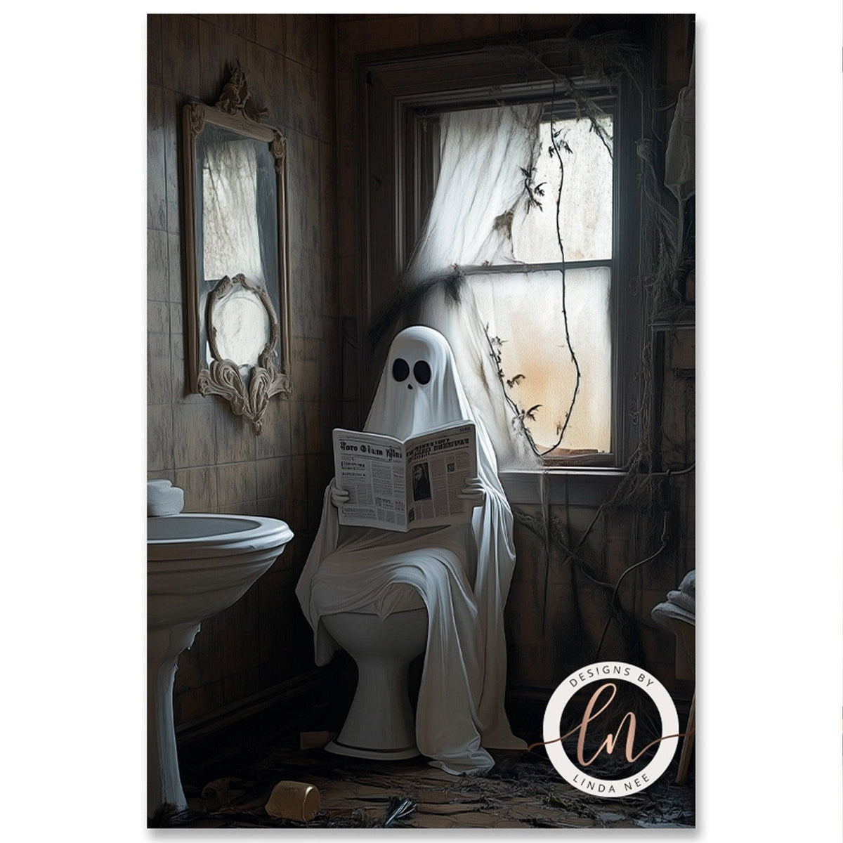 A ghost dressed in a white sheet is sitting on a toilet in a dimly lit bathroom, reading a newspaper.