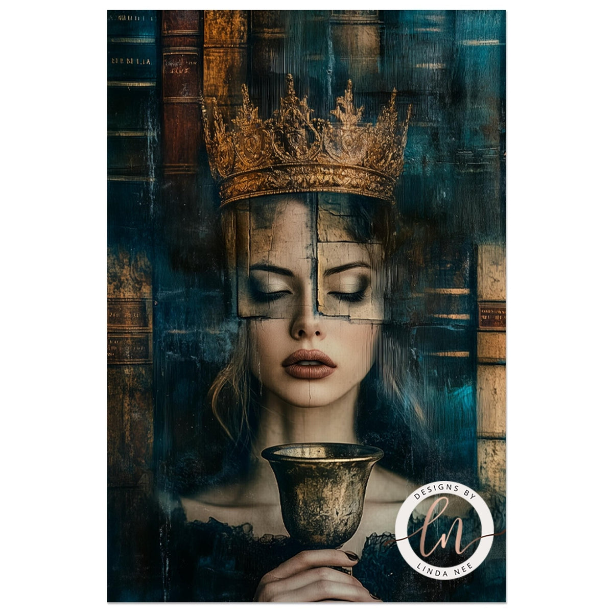 A woman wearing a golden crown holds a golden chalice, with a dark, moody background featuring books and other objects.