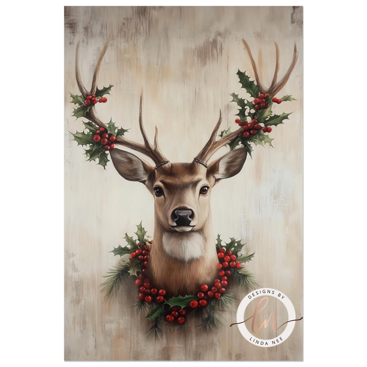 A deer head with antlers adorned with holly and berries, set against a wooden background.