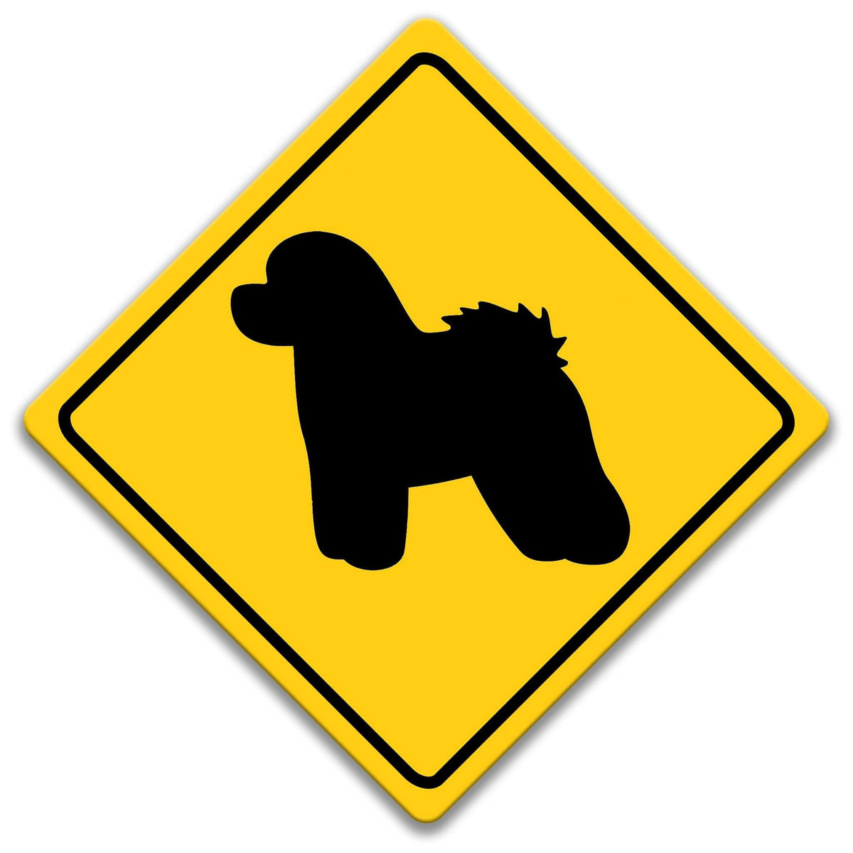 A yellow diamond-shaped road sign with a black silhouette of a dog.