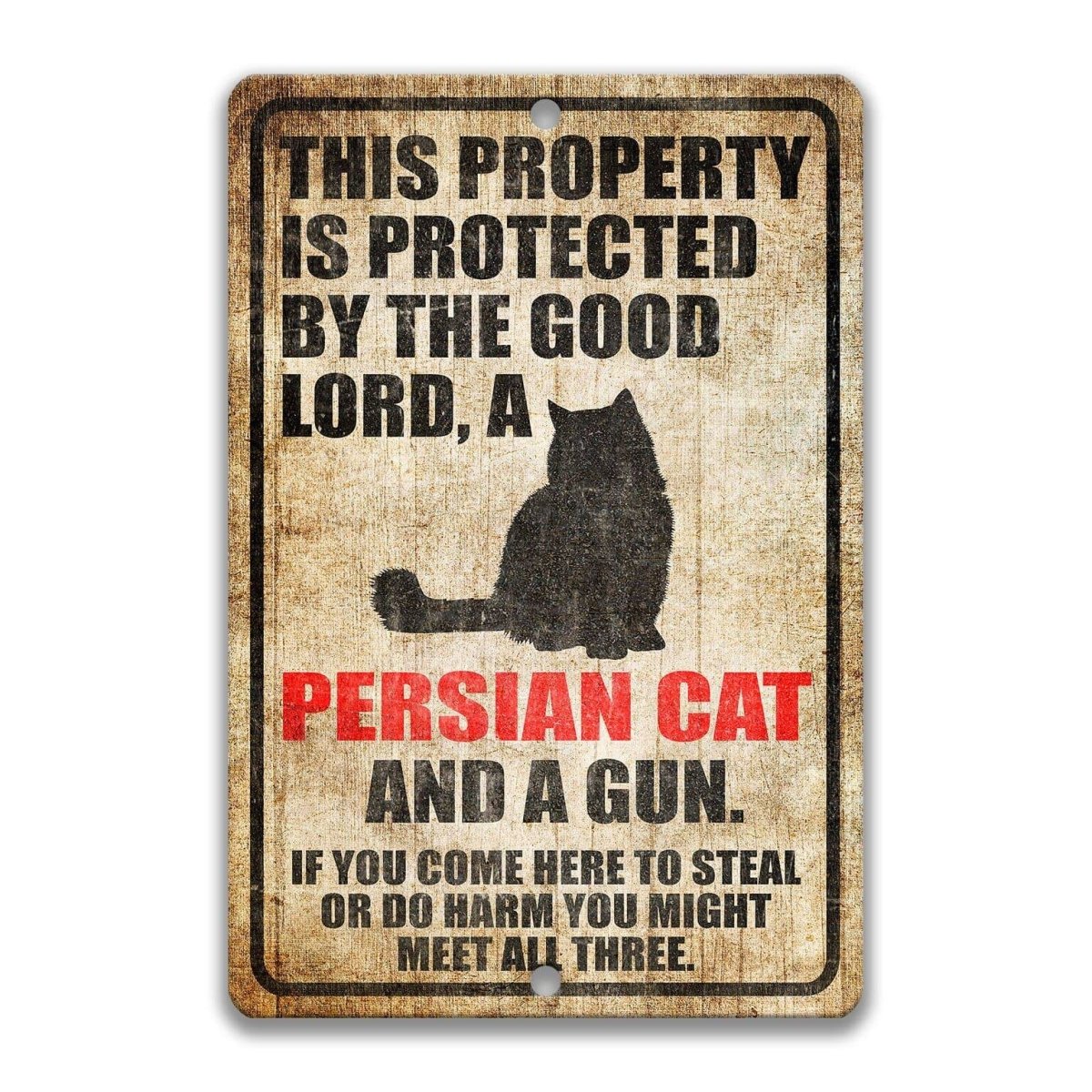 The image is a sign that reads "This property is protected by the good Lord, a Persian cat and a gun. If you come here to steal or do harm, you might meet all three."