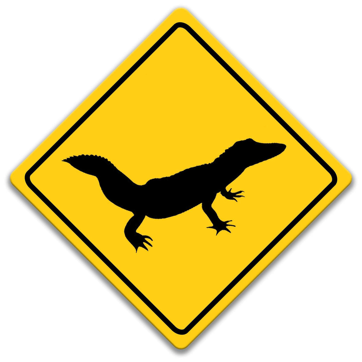 A yellow diamond-shaped road sign with a black silhouette of a alligator or crocodile.
