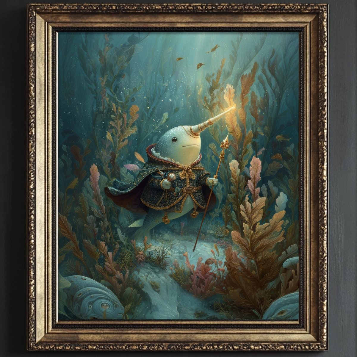 a fantastical underwater scene with a creature resembling a fish or sea monster, surrounded by vibrant marine life and plants.