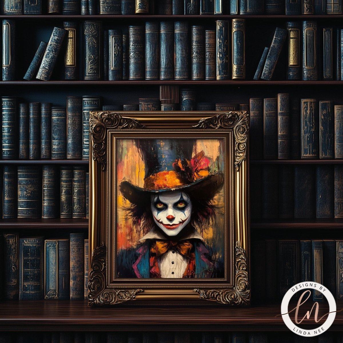 Colorful Mad Hatter artwork displayed in a gold frame with bookshelves
