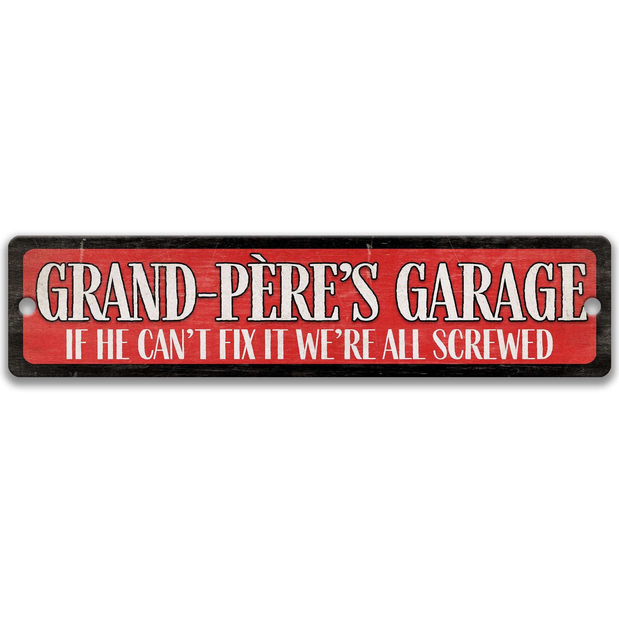 a sign with the text "GRAND-PÉRE'S GARAGE" in a red and black color scheme.