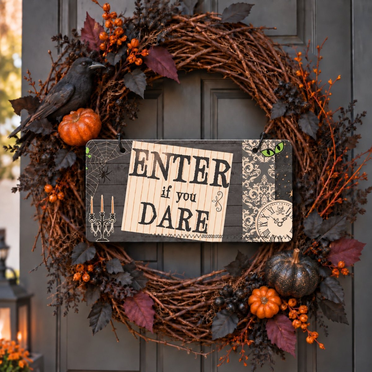 Enter If You Dare sign centered in a door wreath