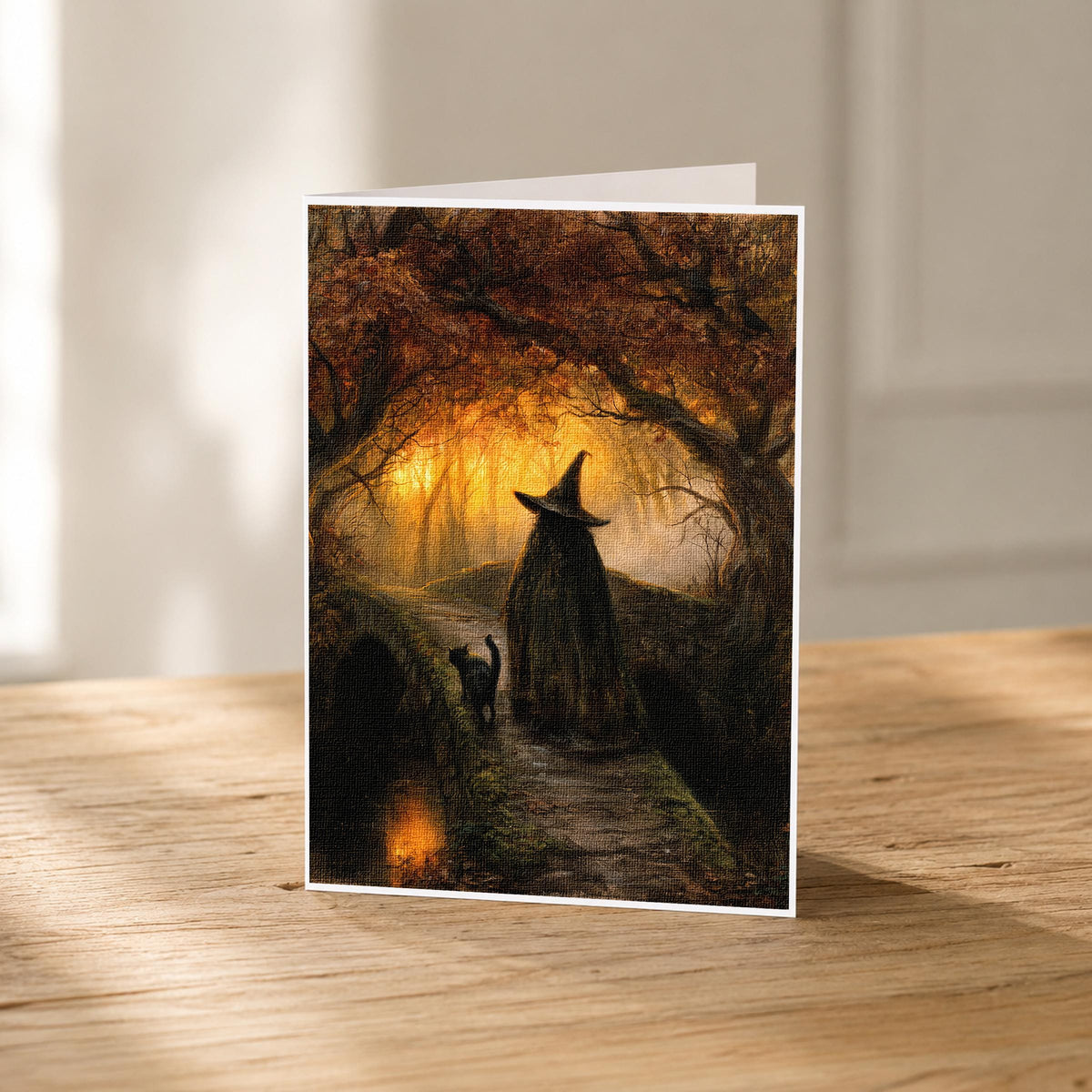 5x7 witch and black cat blank note card standing upright showing its linen texture