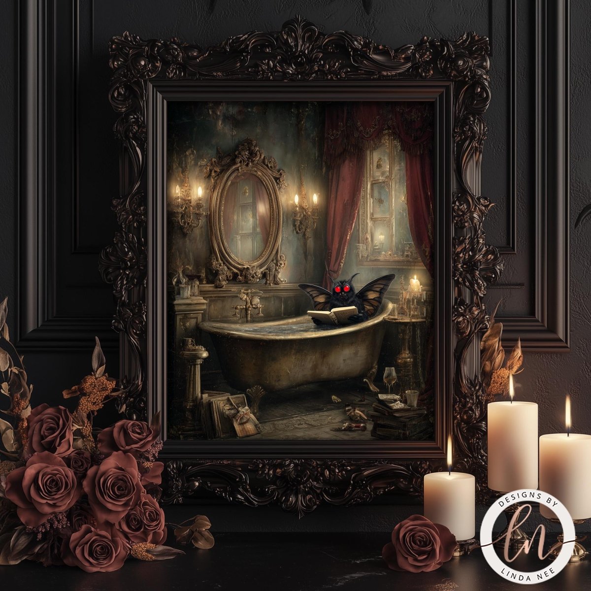 The image is a framed painting depicting Mothman cryptid sitting in a bathtub, surrounded by candles and roses, creating a spooky and eerie atmosphere.
