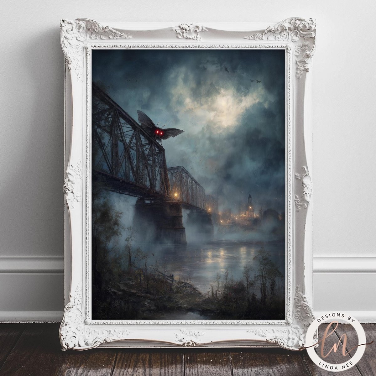 The image is a painting of a bridge with a Mothman flying over it, set against a dark, stormy sky.