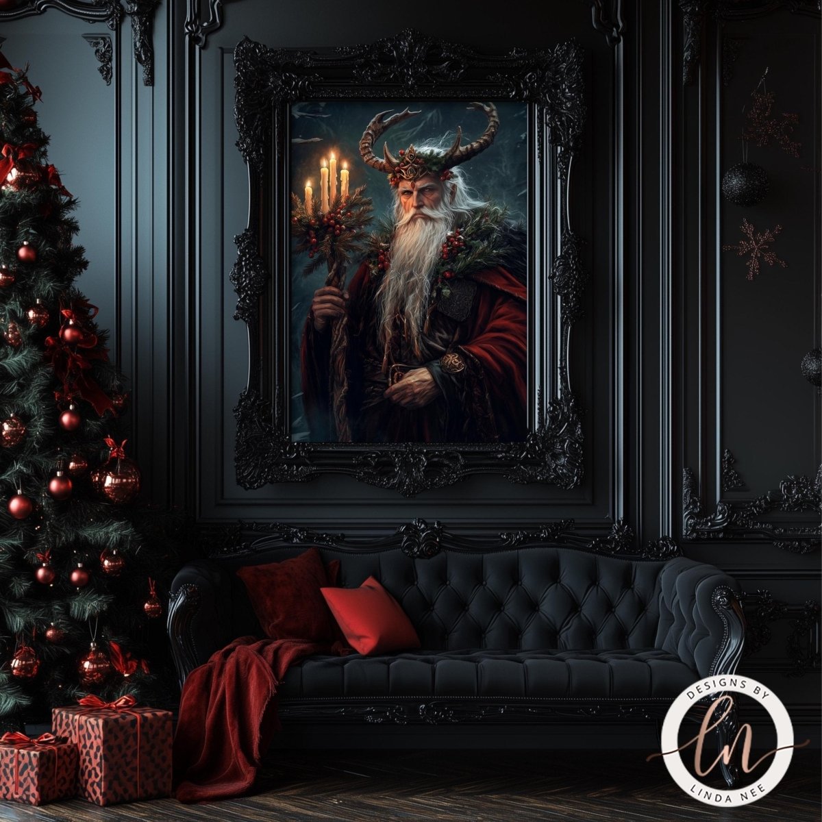 Horned Holly King artwork on a dark wall above a black couch with red pillows