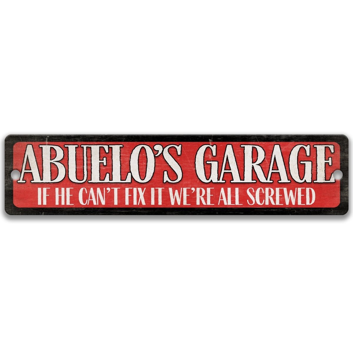 a sign with the text "Abuelo's Garage" in a red and black color scheme.