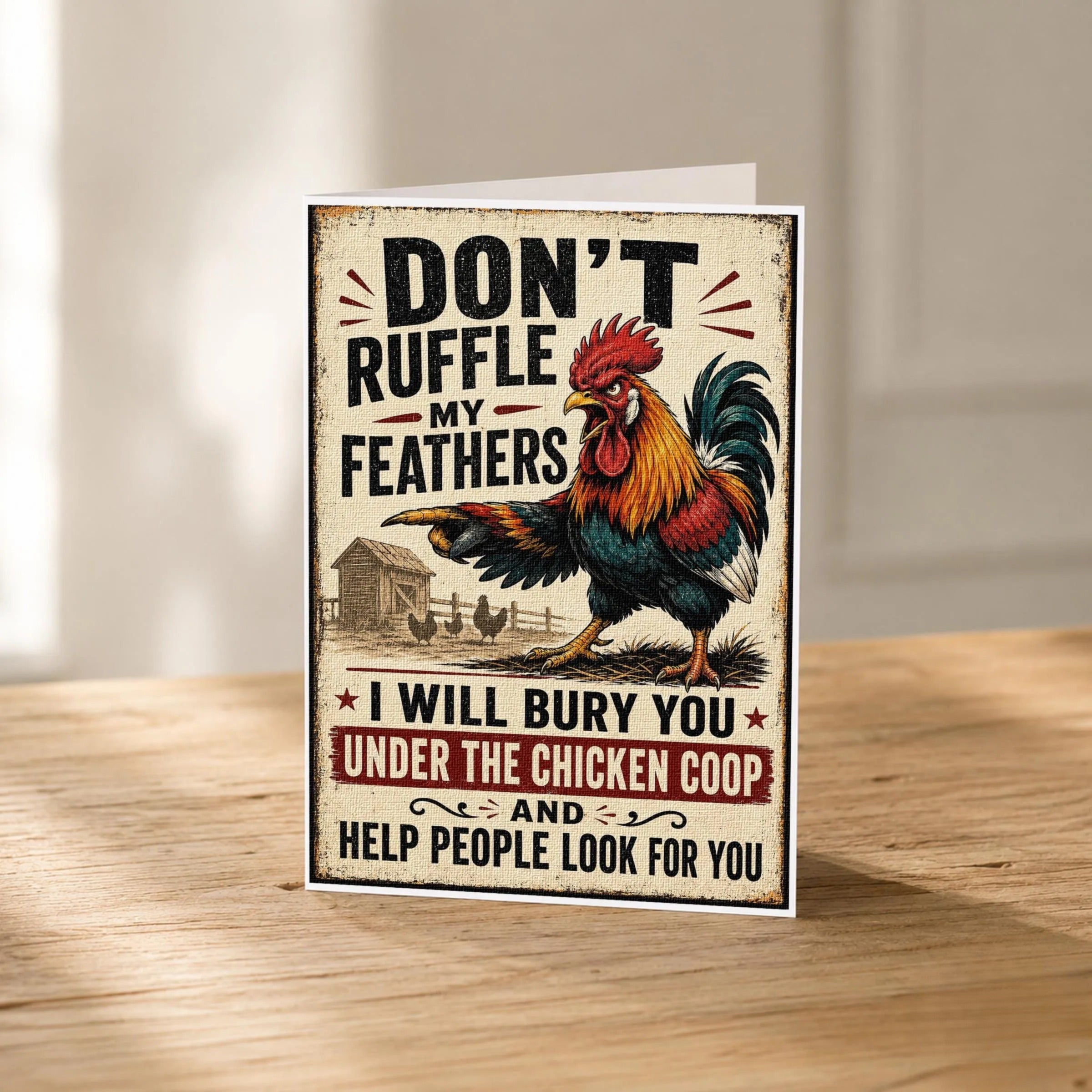 a humorous and quirky greeting card with a rooster illustration. The card has a message that reads "Don't ruffle my feathers, I willbury you under the chicken coop and help people look for you".