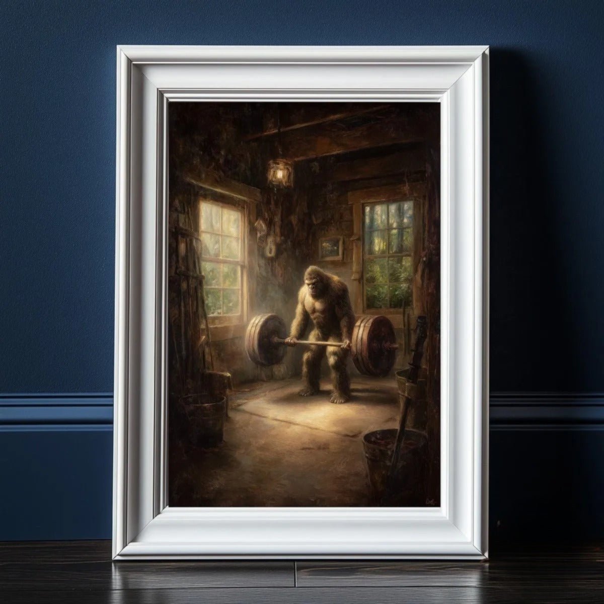 Bigfoot lifting a heavy barbell in a rustic wooden gym