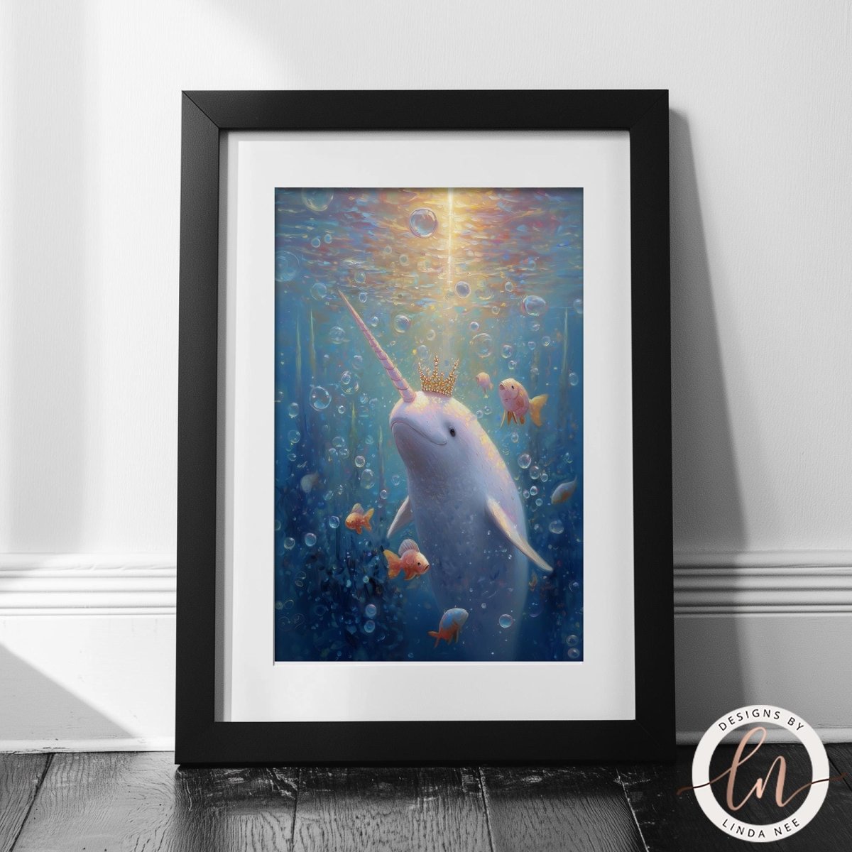 A framed painting depicting a white unicorn with a horn and a crown, surrounded by bubbles and fish in a blue underwater scene.