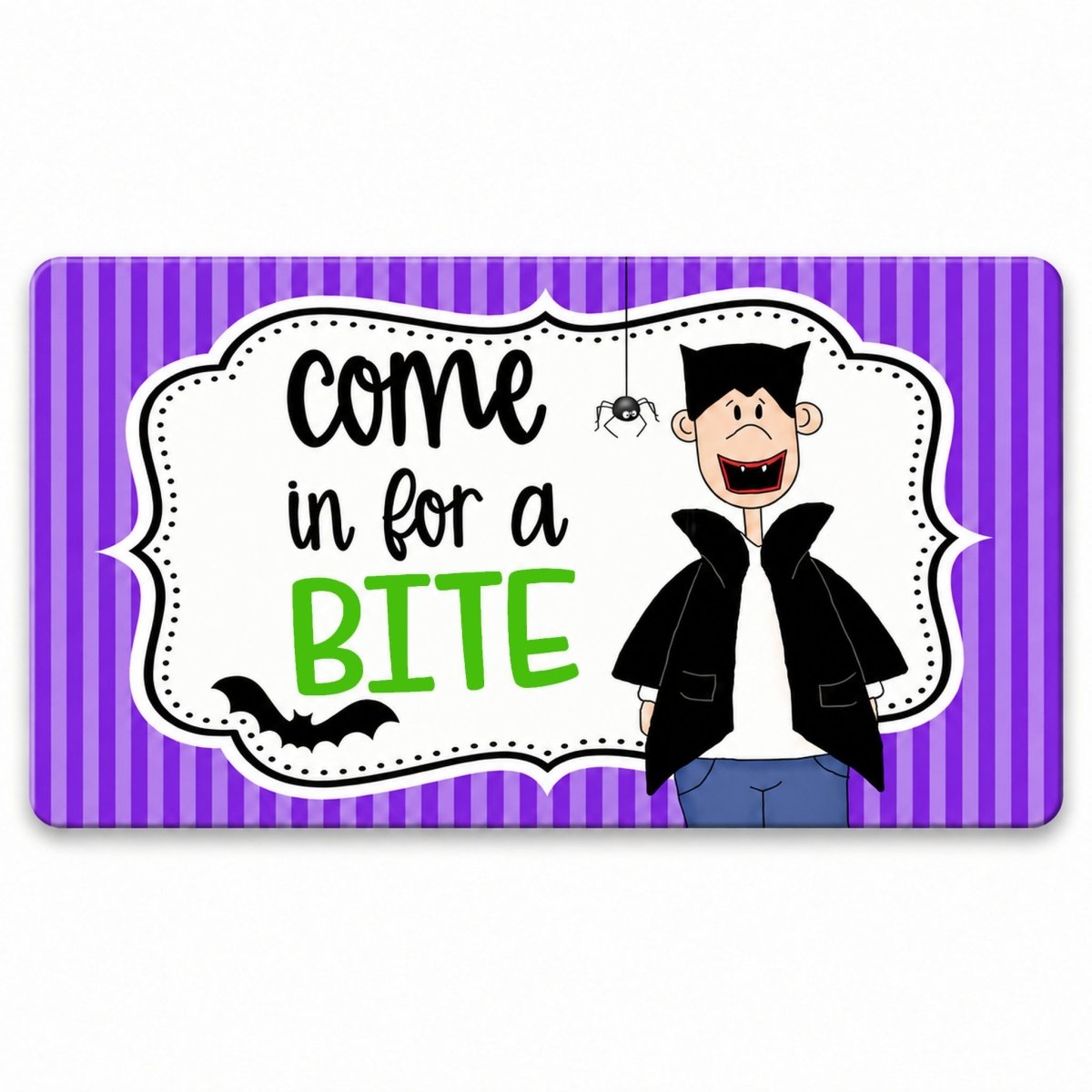 Come In for a Bite 6x12 metal wreath sign with a cartoon vampire on purple