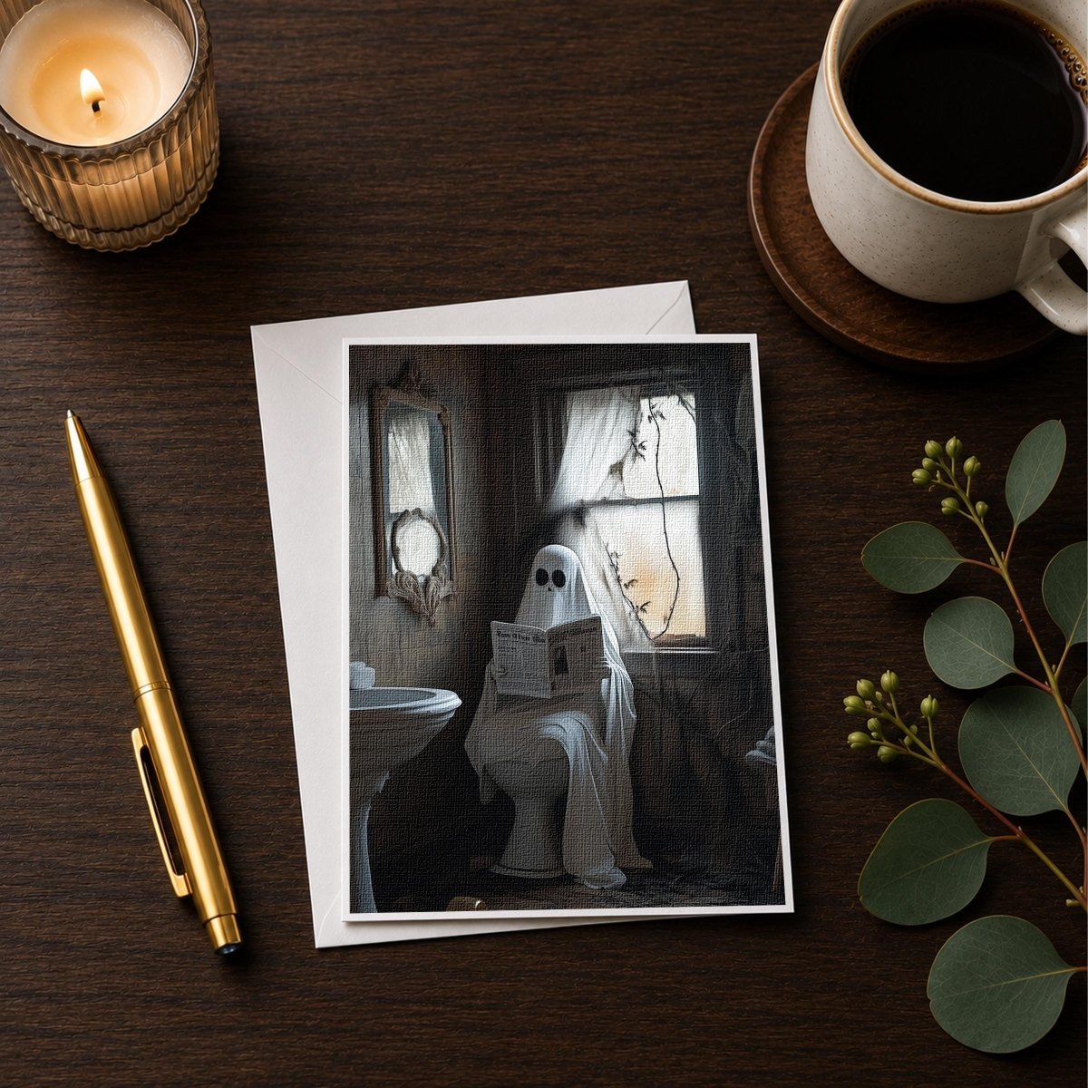 Funny ghost bathroom note card styled on a desk with a candle, a pen and a coffee cup
