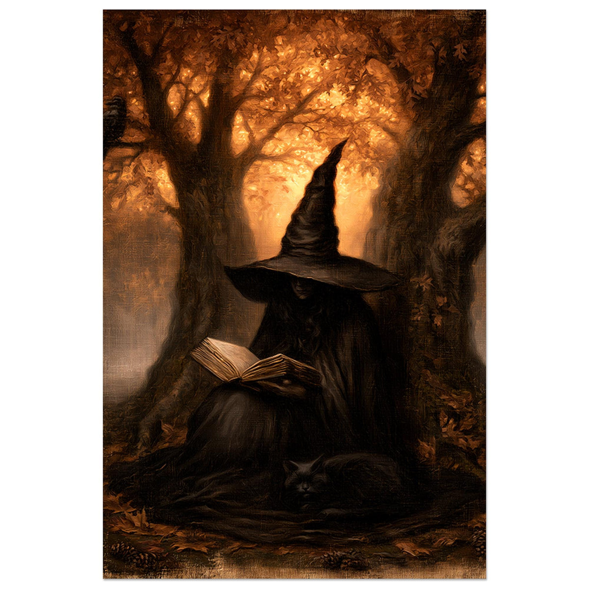 Witch in a black cloak and pointed hat reading a book with a black cat beside her
