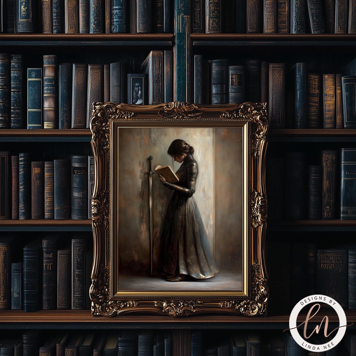 a painting of a woman in a long dress reading a book, displayed in an ornate gold frame against a dark background with bookshelves.