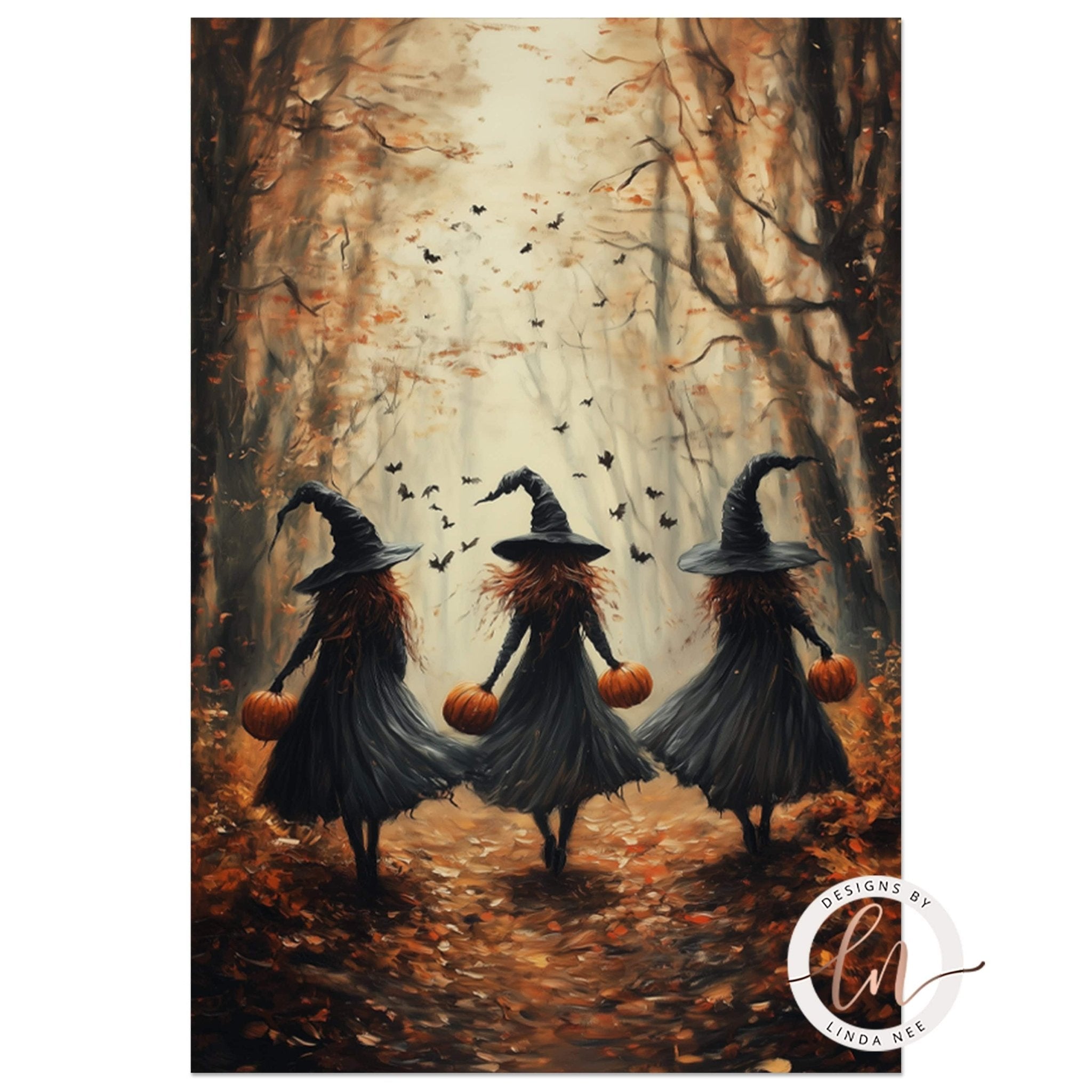 three women dressed as witches walking through a forest with autumn leaves and bats flying around them.