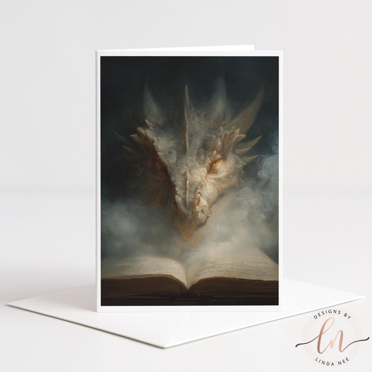 A close-up of a dragon's head emerging from an open book, with a dark, mysterious background.