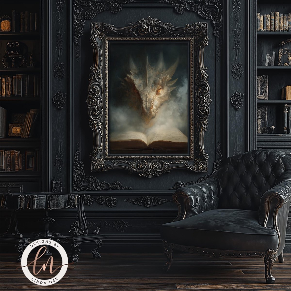 a dark, ornate room with a large painting of a dragon's head hanging on the wall. The room has a black leather chair and a bookshelf filled with books. The overall atmosphere of the room appears to be mysterious and dramatic.