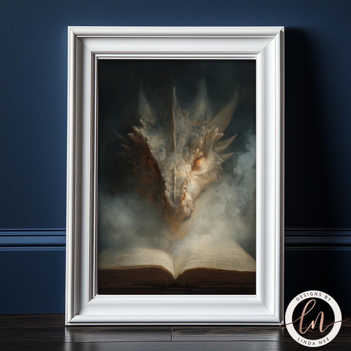 A framed painting depicting a dragon's head emerging from an open book, with smoke swirling around the dragon's face.