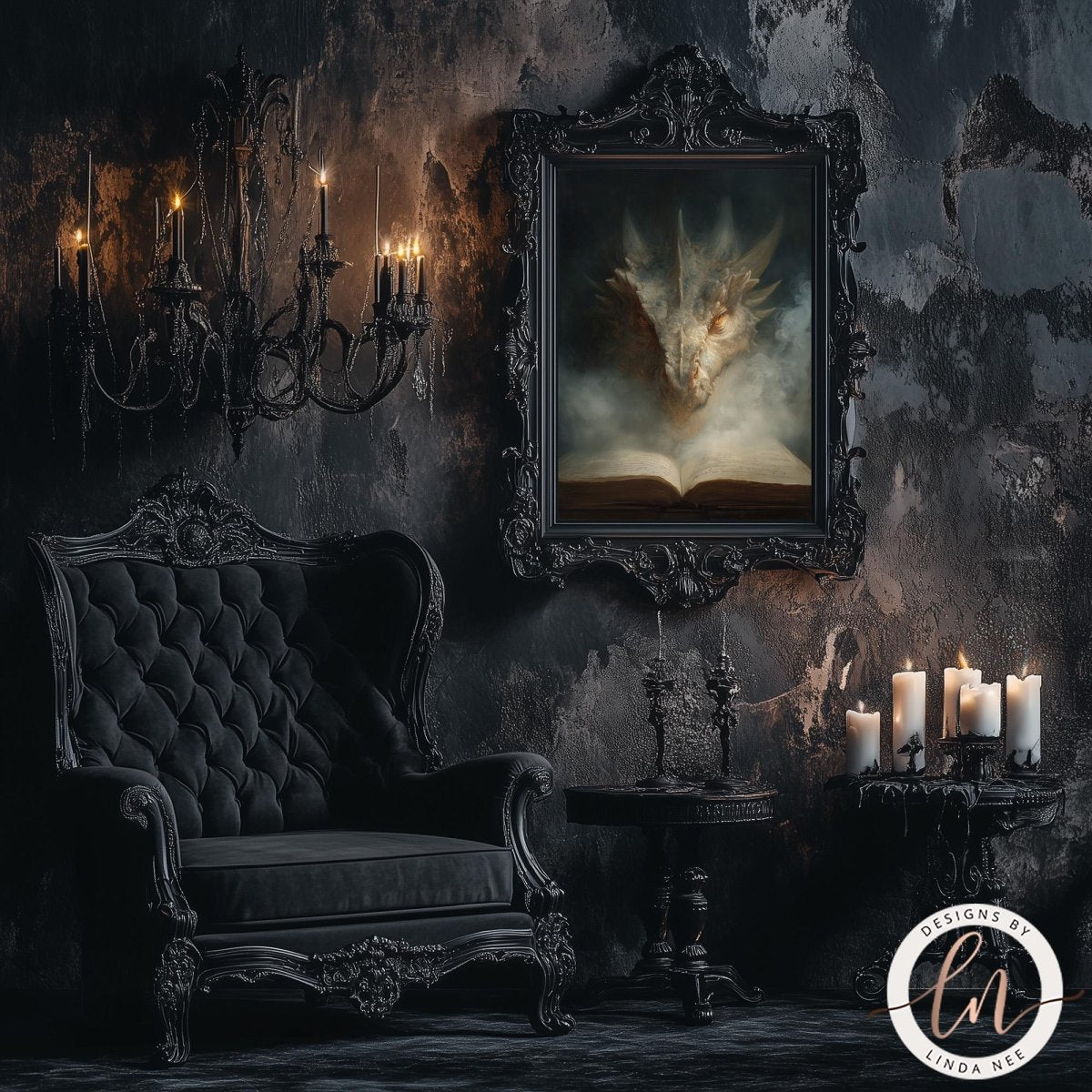 a dark, gothic-themed room with a large, ornate chandelier, a black tufted armchair, and a framed painting of a dragon. The room is illuminated by candles, creating a mysterious and atmospheric ambiance.