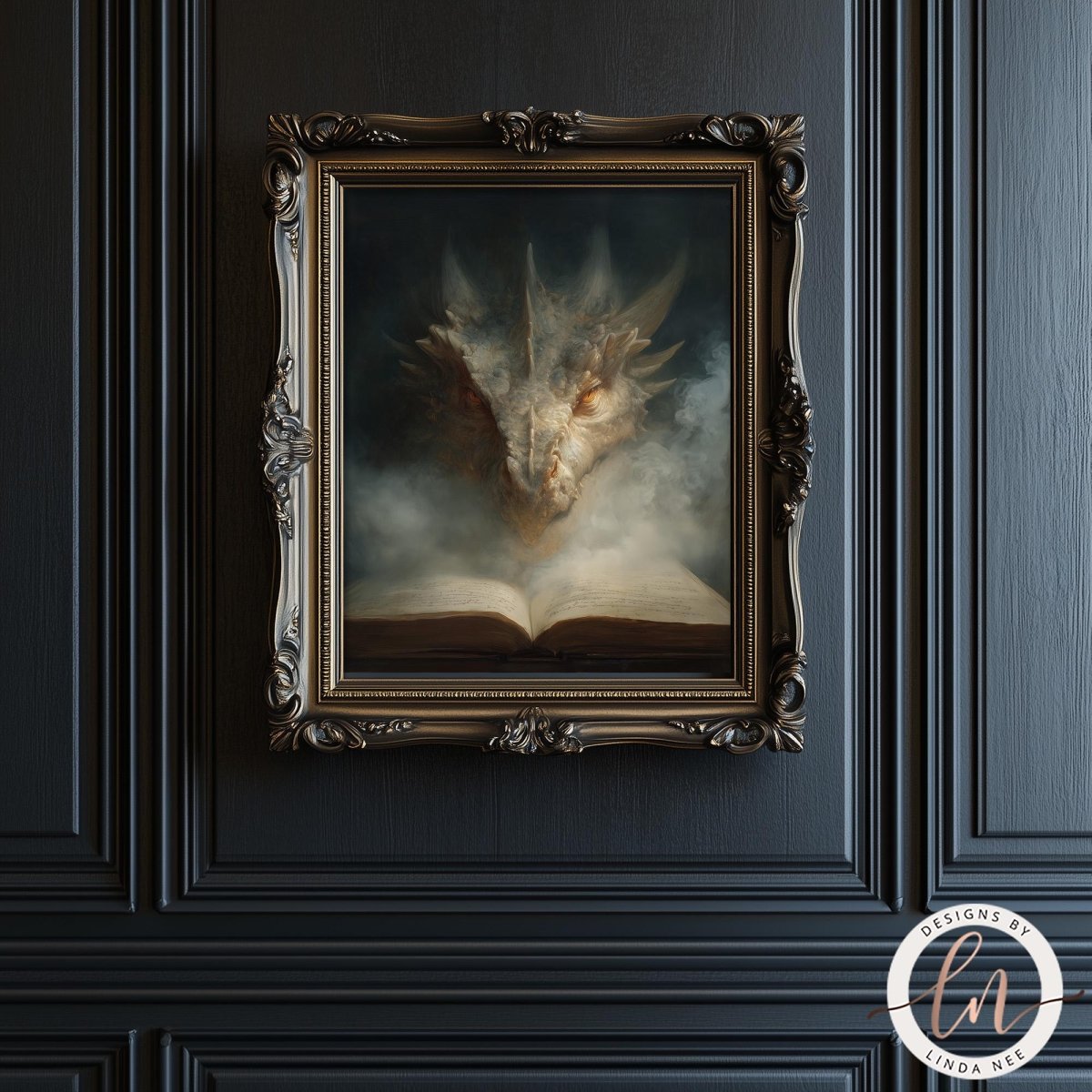 a painting of a dragon's head emerging from an open book, displayed on a dark wall.