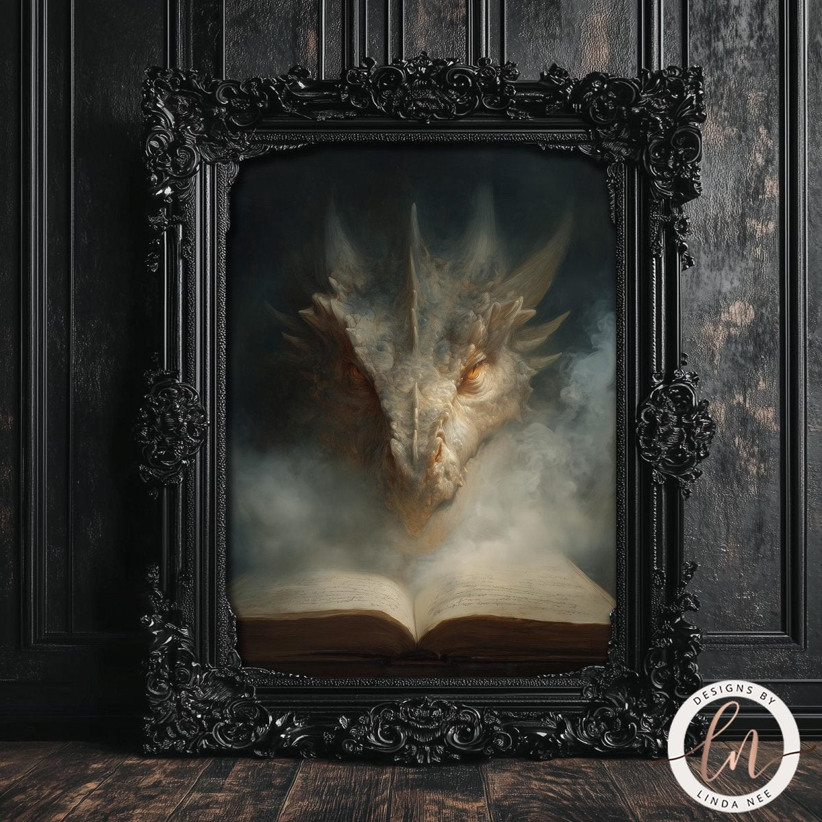 a large, ornate black frame containing a painting of a dragon's head emerging from an open book, surrounded by smoke.