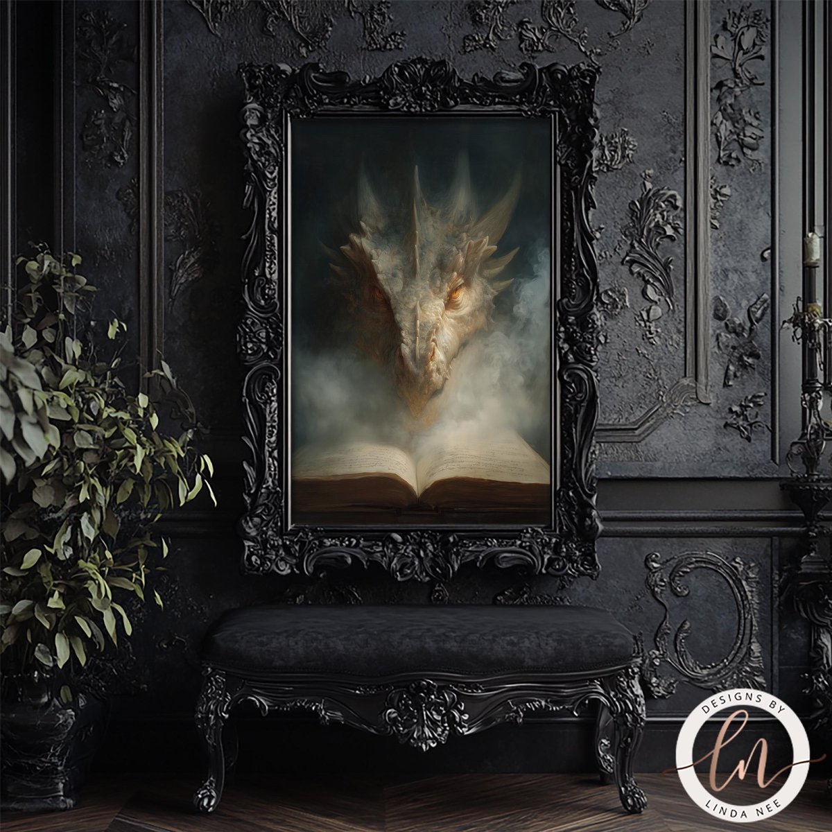 a large, ornate black frame with a painting of a dragon inside it, set against a dark, textured wall. The frame is placed on a black bench, which is positioned in front of a plant. The overall scene appears to be a decorative and artistic display.