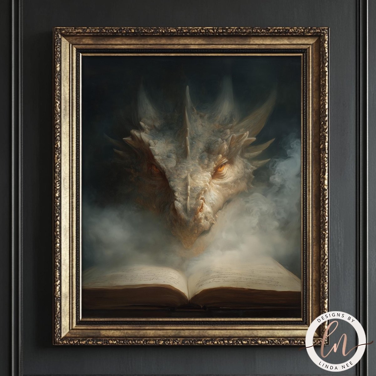 a large, ornate gold frame containing a painting of a dragon's head emerging from an open book, surrounded by smoke.