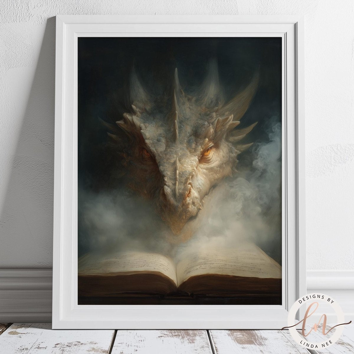 The image is a framed painting depicting a large, fierce-looking dragon emerging from an open book, surrounded by smoke.