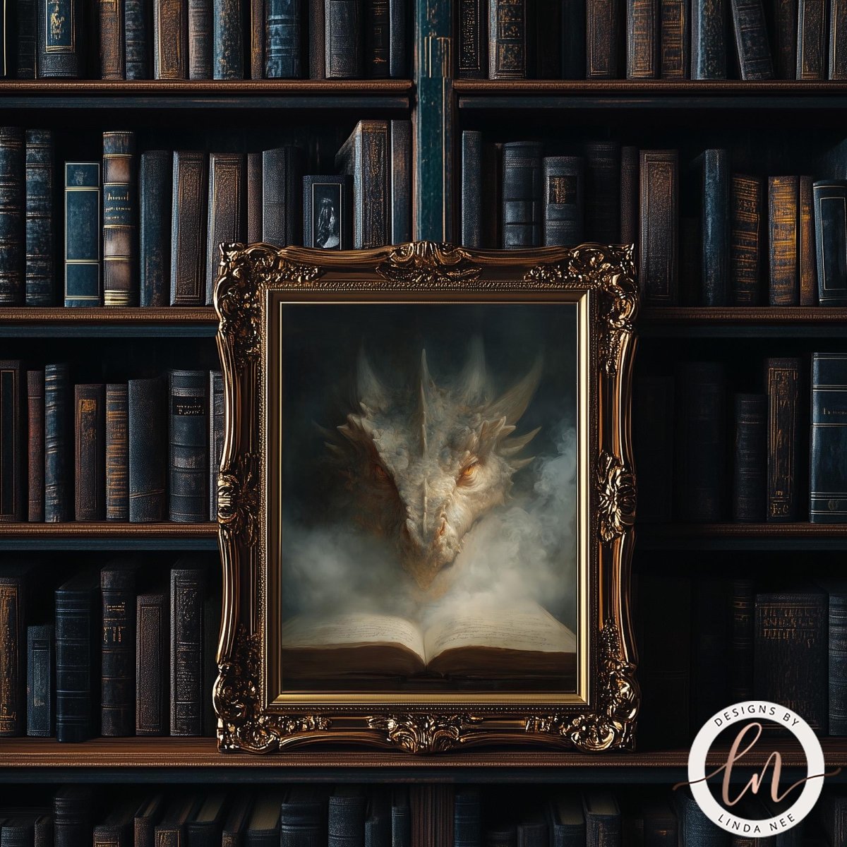 a large, ornate gold frame containing a painting of a dragon's head emerging from an open book. The painting is set against a dark background, creating a dramatic and mysterious atmosphere.