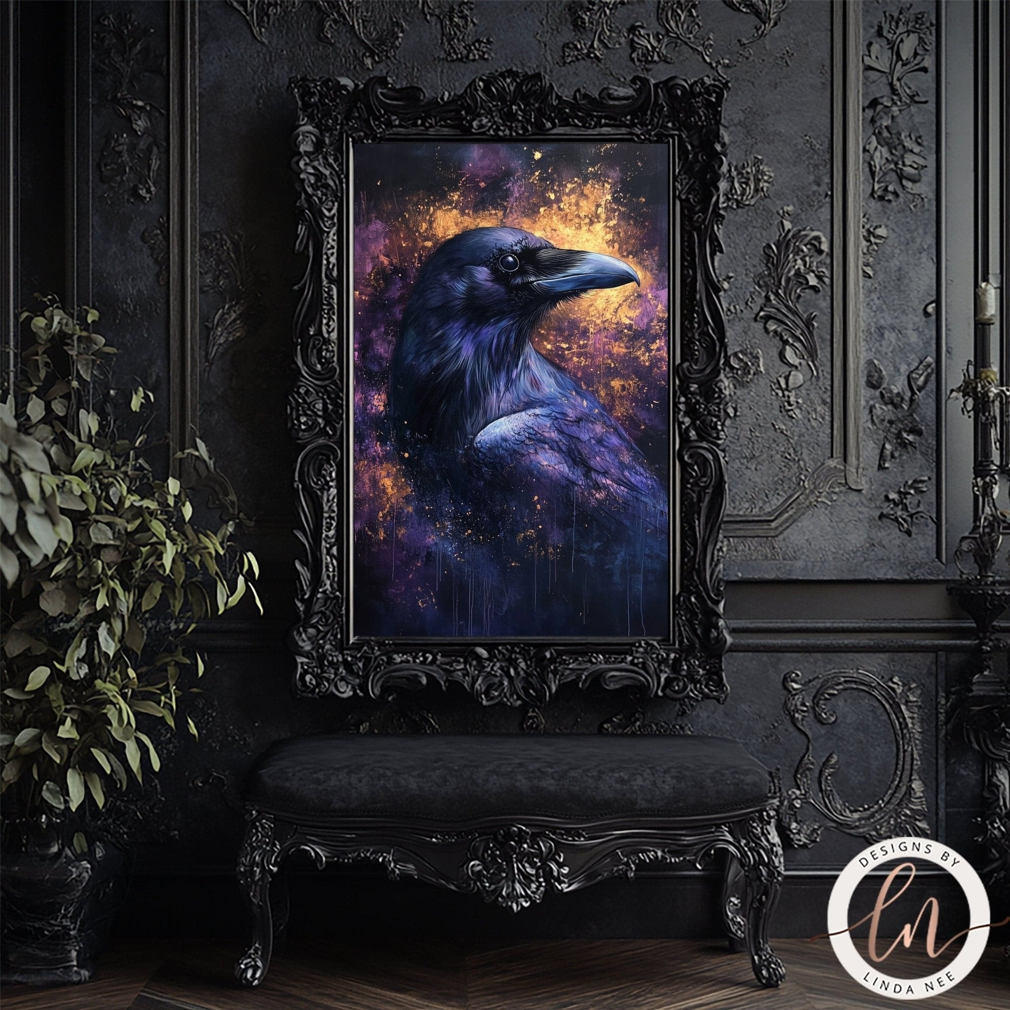 a large, ornate black frame with a painting of a black crow inside it, set against a dark, gothic-style wall.