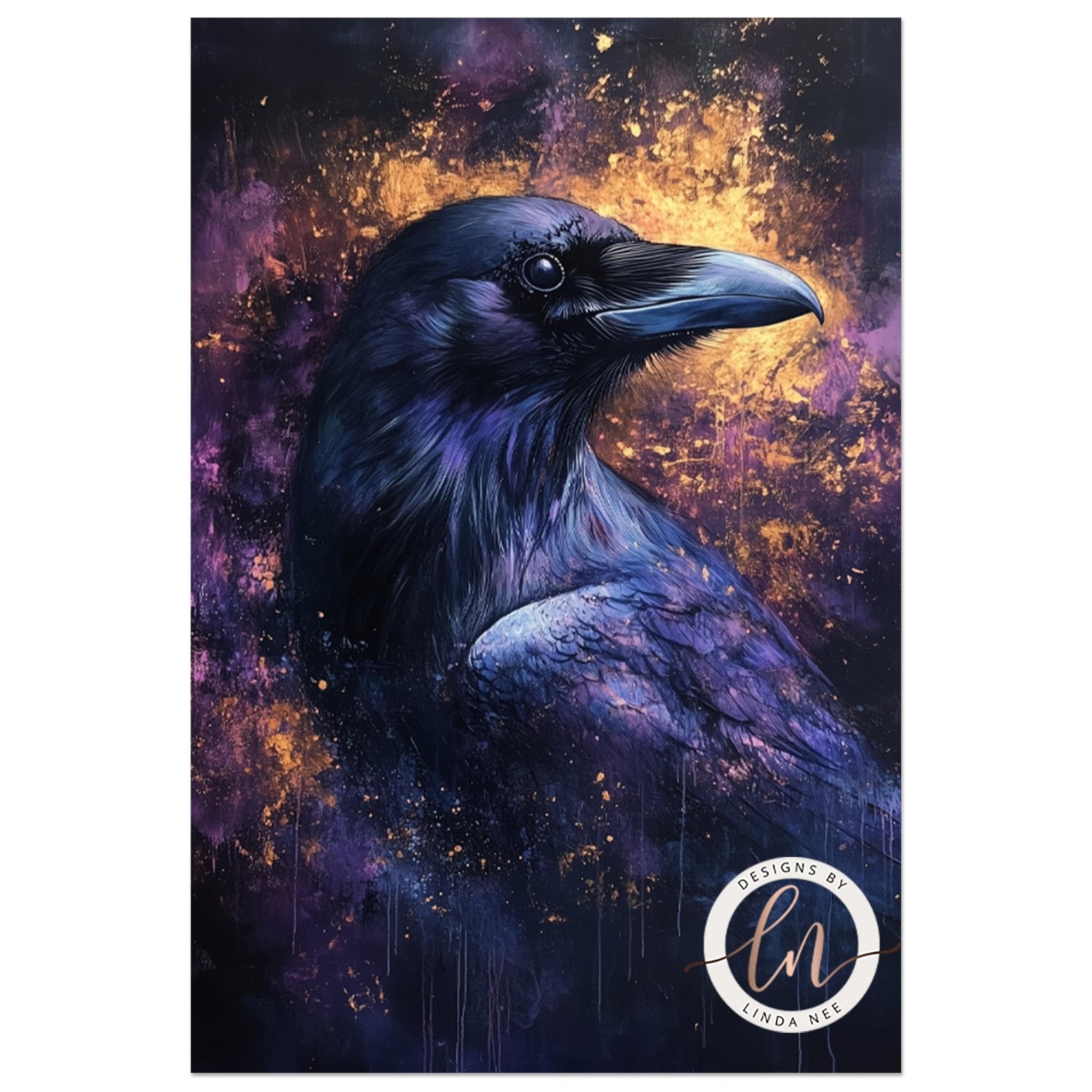 The image is a digital artwork featuring a close-up of a black bird with a striking blue beak, set against a vibrant background of purple and orange hues.