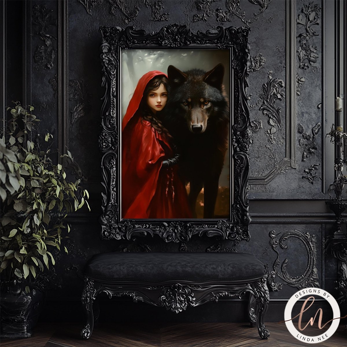 Little Red Riding Hood and wolf print in a black ornate frame