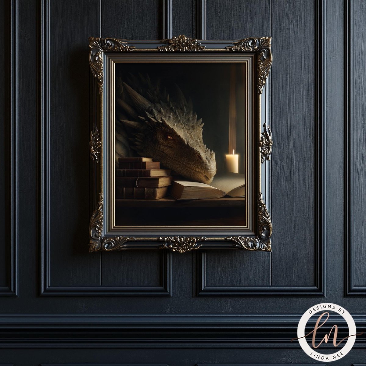 A framed painting of a dragon resting on a stack of books is displayed on a dark wall.