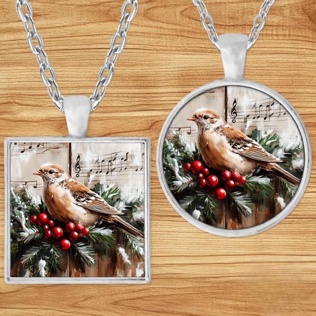 Peace Dove Sheet Music pendant necklace shown in round and square silver charm styles on a wood background