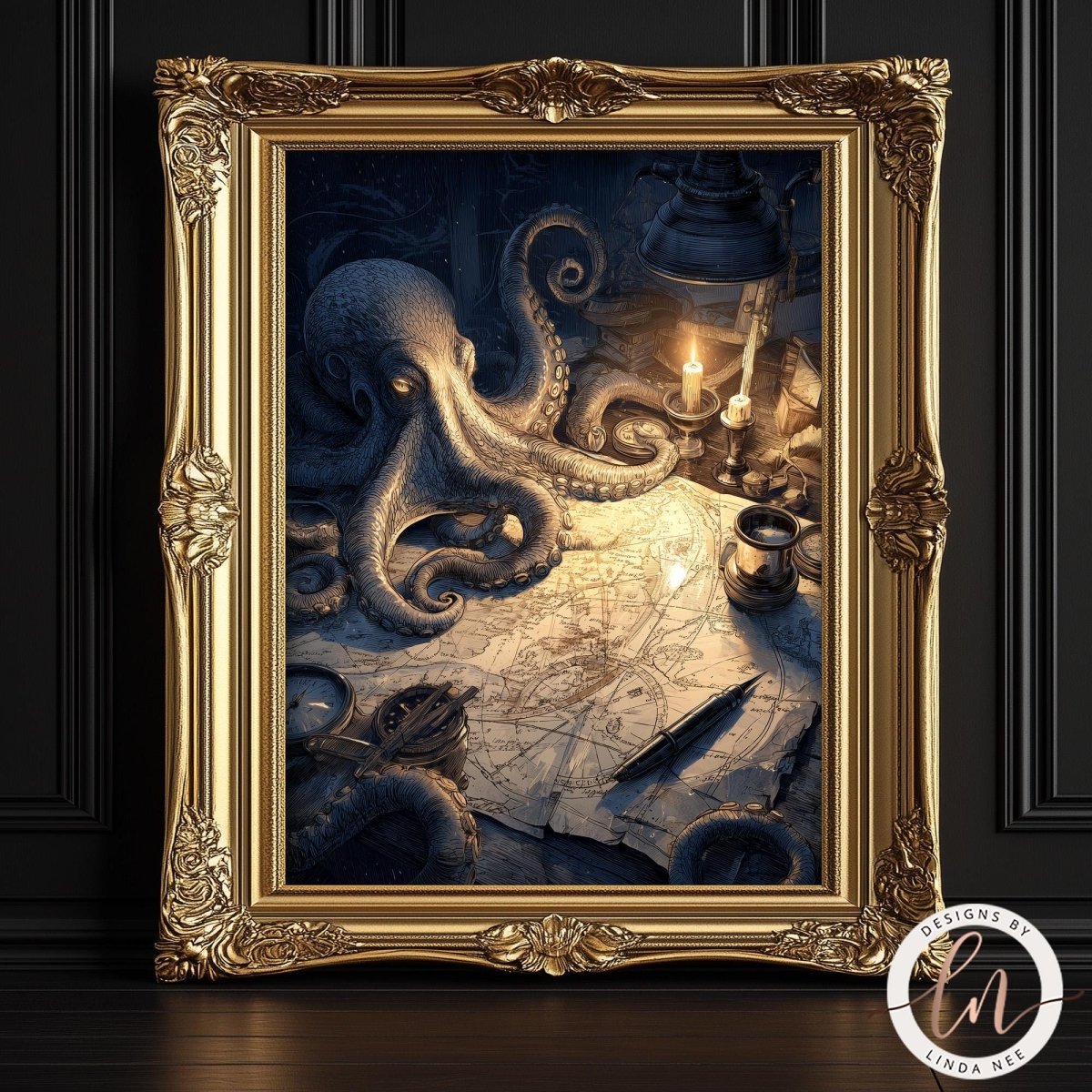 The image is a framed artwork depicting an octopus with tentacles spread out, surrounded by various objects such as a map, a candle, and a magnifying glass.
