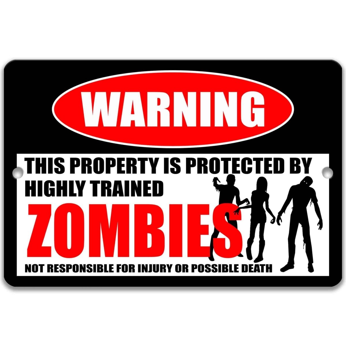 Zombie warning metal sign, glossy black, red WARNING oval and line of shambling zombie silhouettes