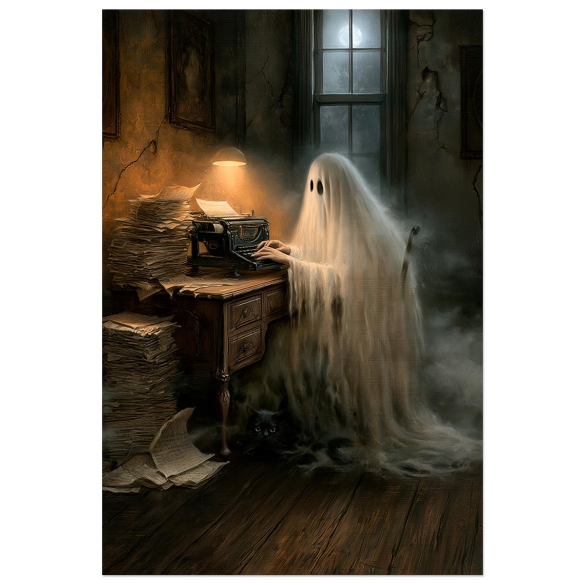 Ghost writer typewriter art print with a black cat beneath the desk