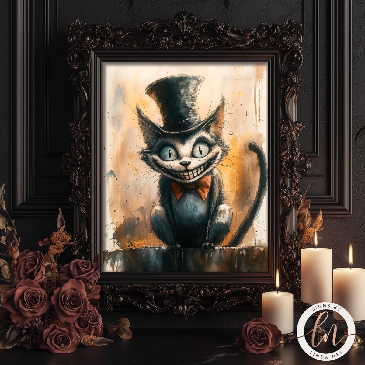 Cheshire cat artwork styled with roses and lit candles