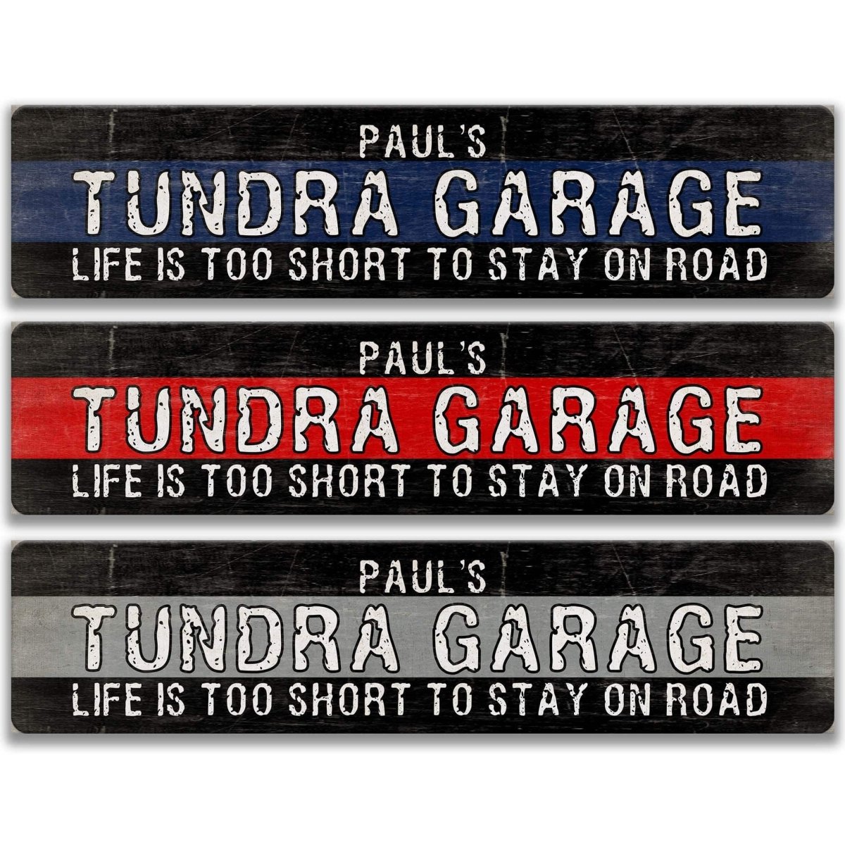 Custom Toyota Tundra garage sign in weathered black finish with personalized name, shown in three color options